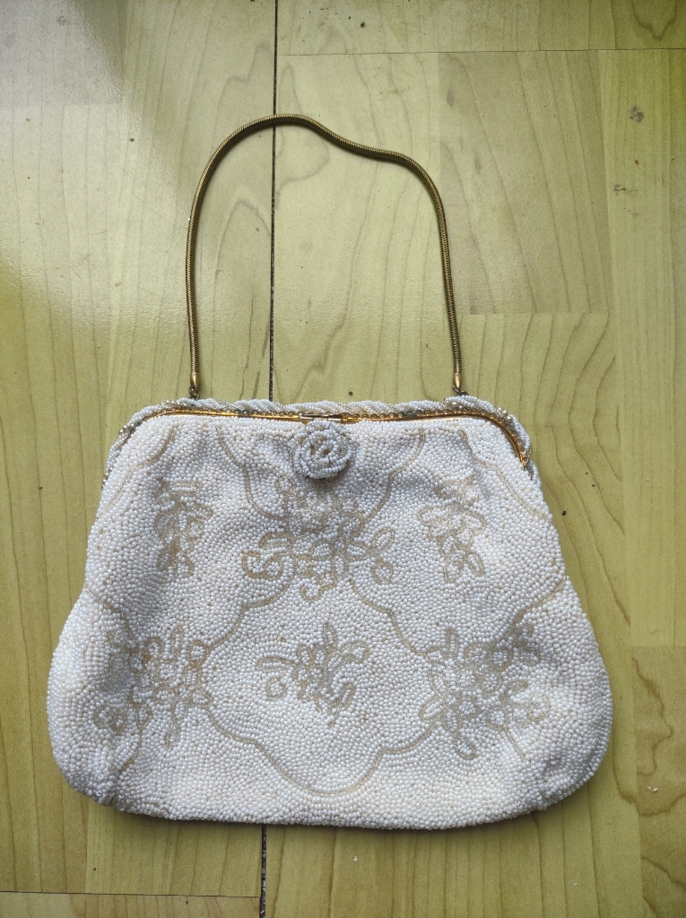 Walborg Cream Beaded Floral Evening Clutch with Gold Chain